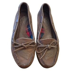 Nicole Flying Ace 5.5 Brown Leather Boat Shoes Loafers Preppy Plaid Slip On VTG